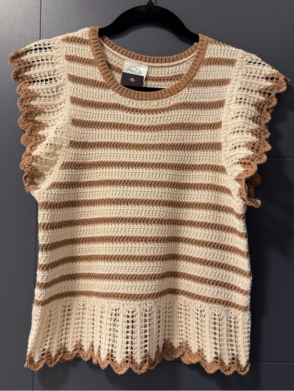 NWT District 23 Striped Crochet Knit Top in Cream & Mocha Brown